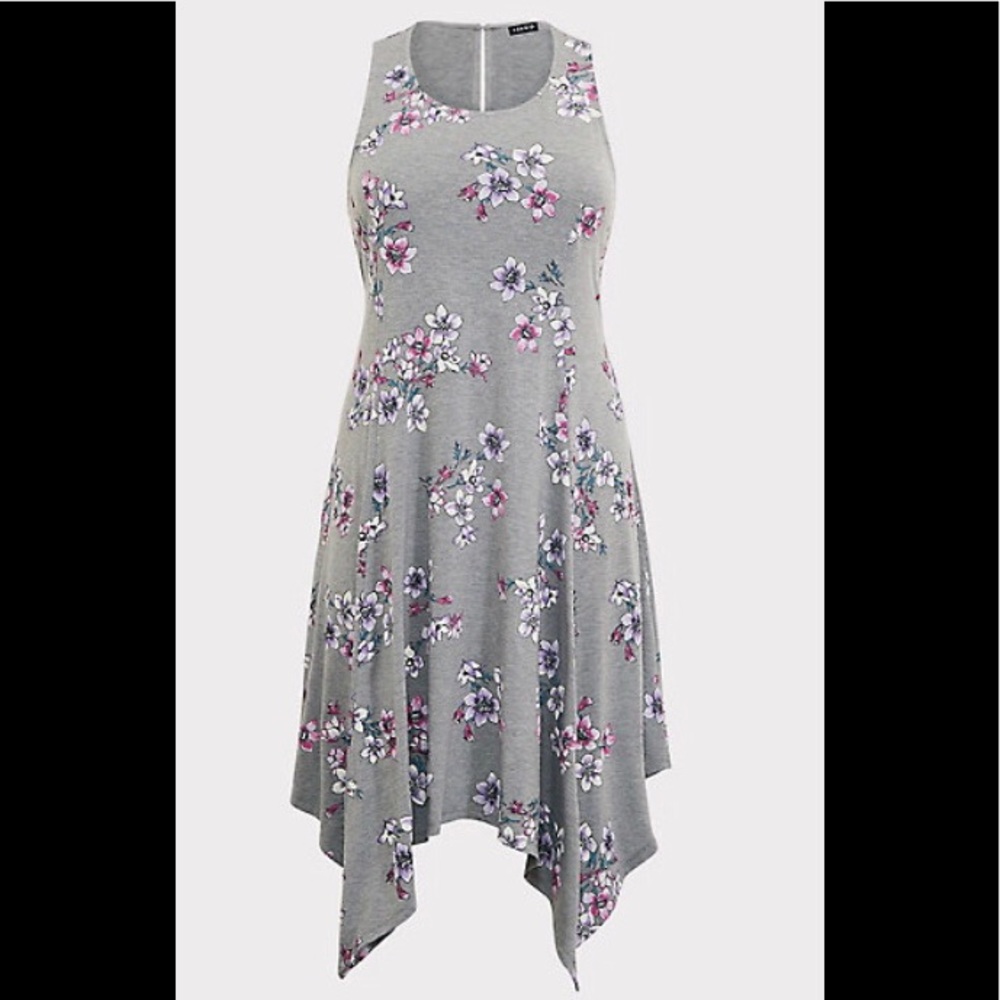 Swing Floral Jersey Trapeze Dress Handkerchief Hem